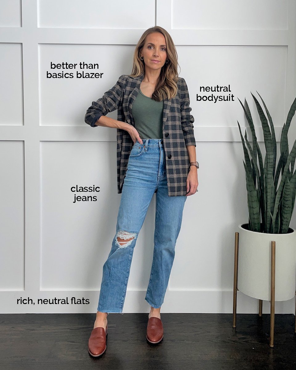 plaid blazer straight leg jeans
