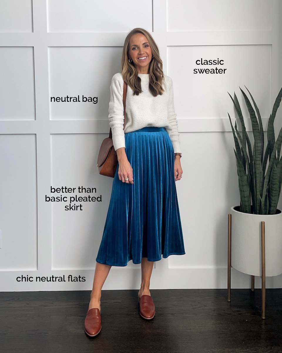 pleated skirt cream sweater
