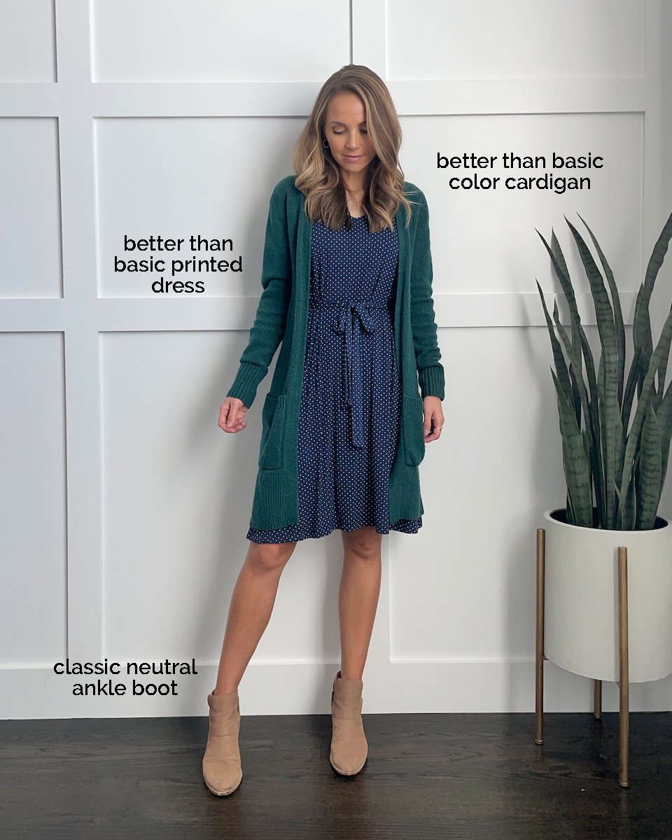 polka dot dress with green cardigan
