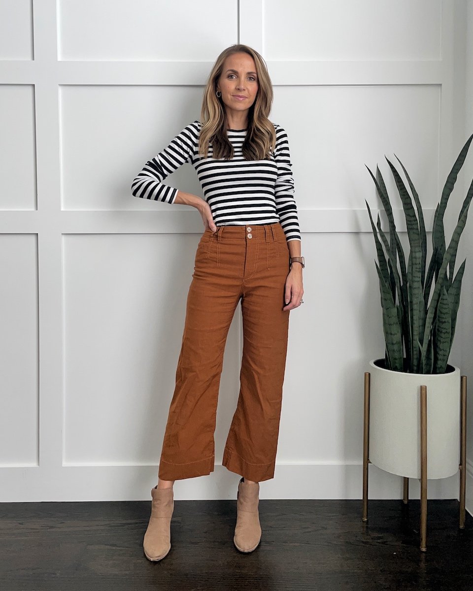 wide leg pants striped shirt