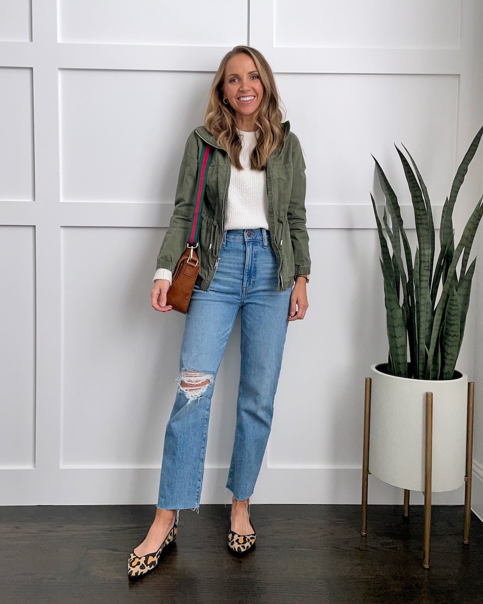 jeans rothys flats and green jacket