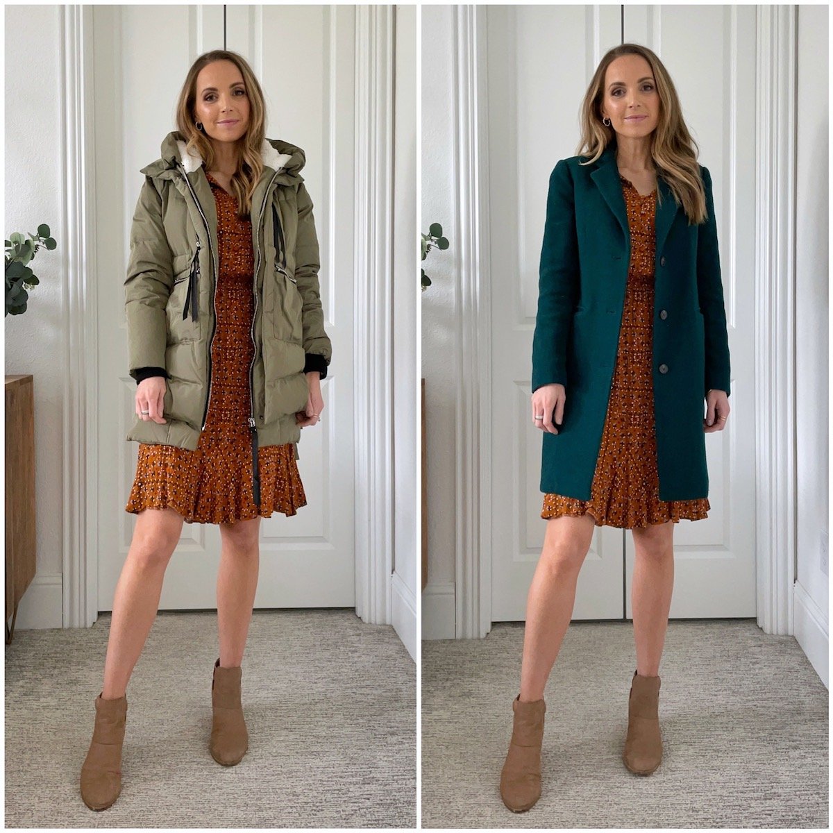 puffer coat with orange floral dress green wool coat with floral dress