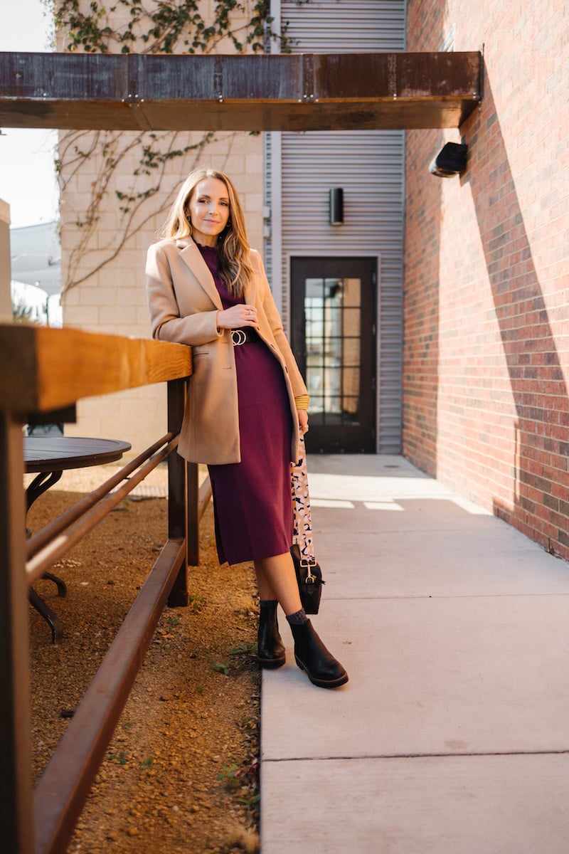 tan coat with purple sweater dress