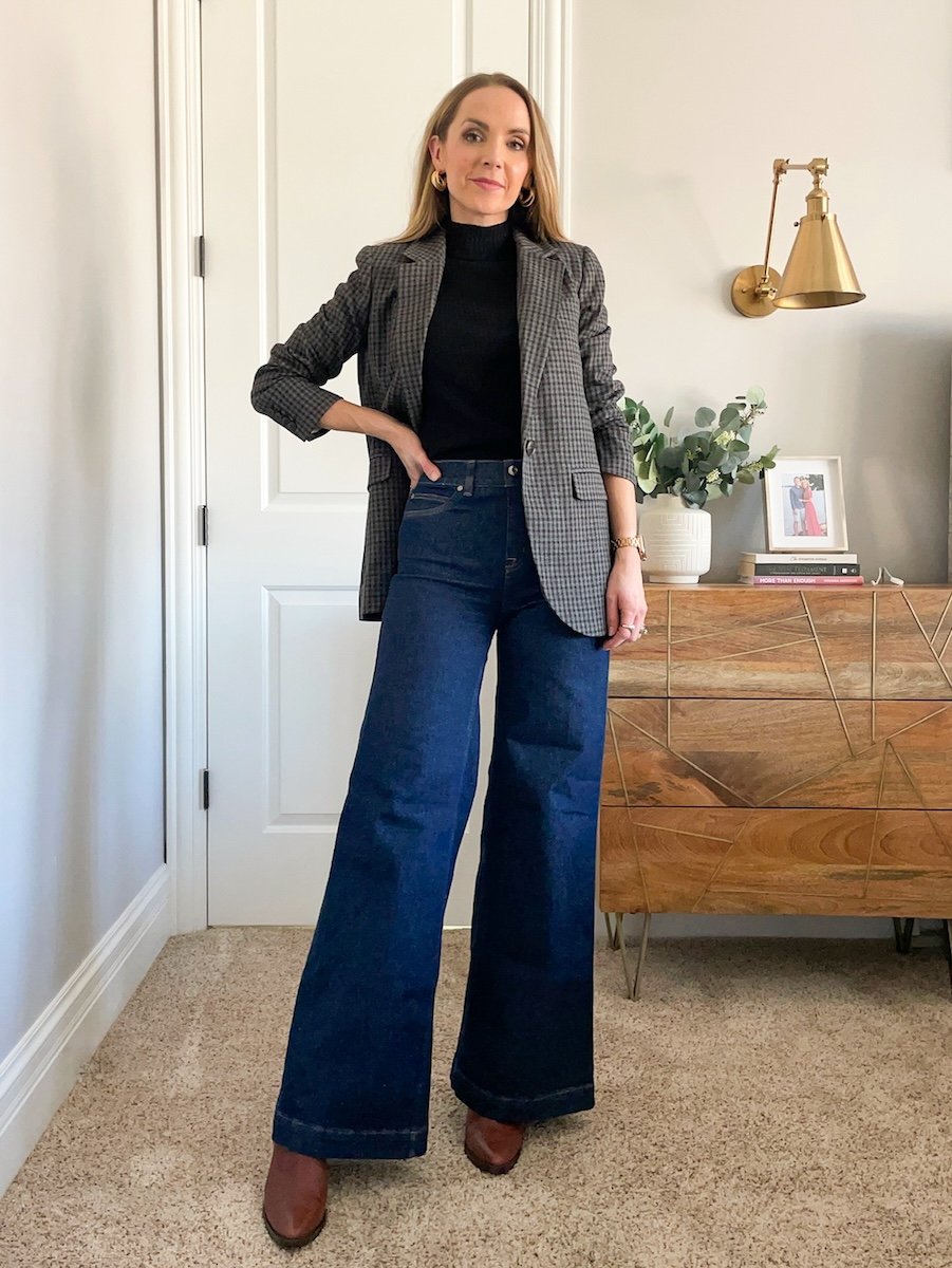 patterned blazer wide leg jeans