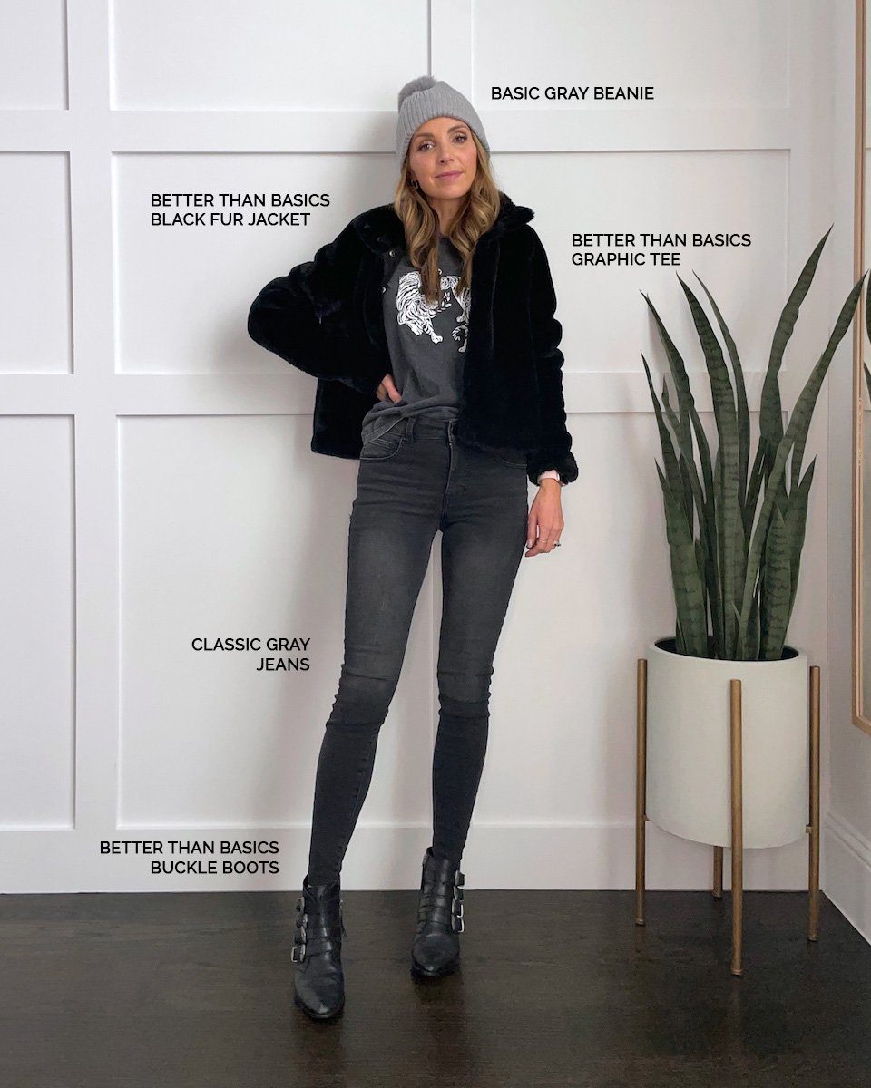 black fur coat gray jeans buckle boots