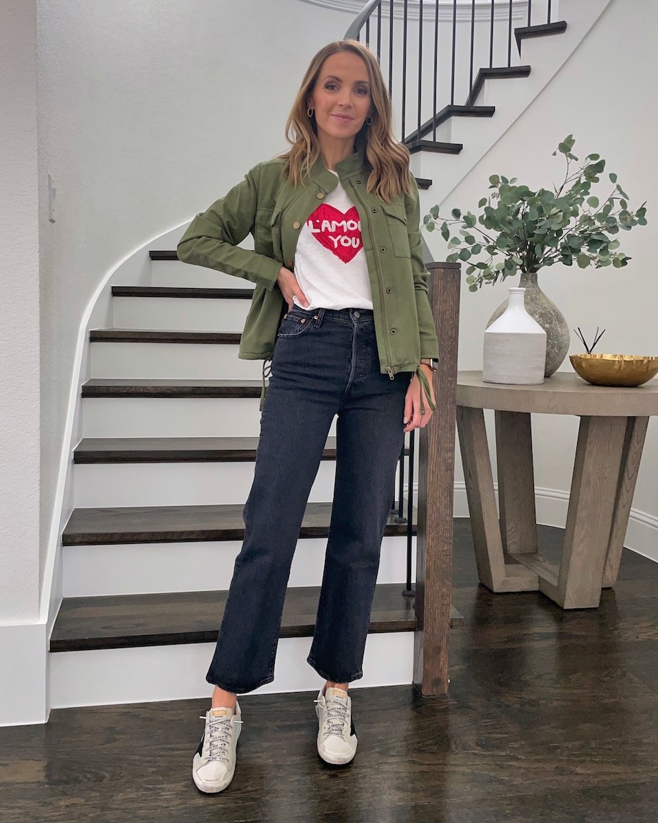 green jacket with gray jeans