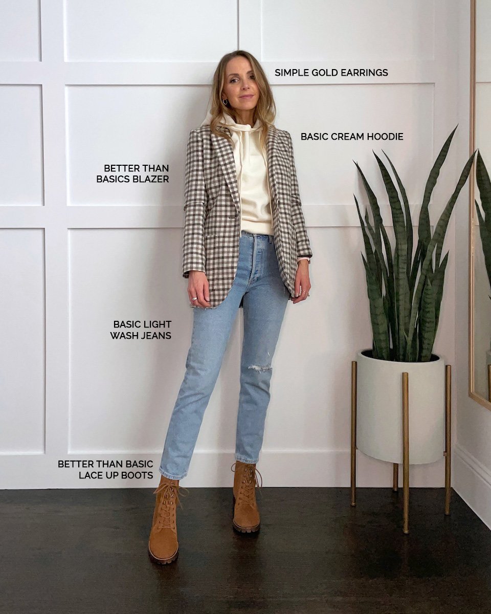 plaid blazer with cream hoodie and lace up boots