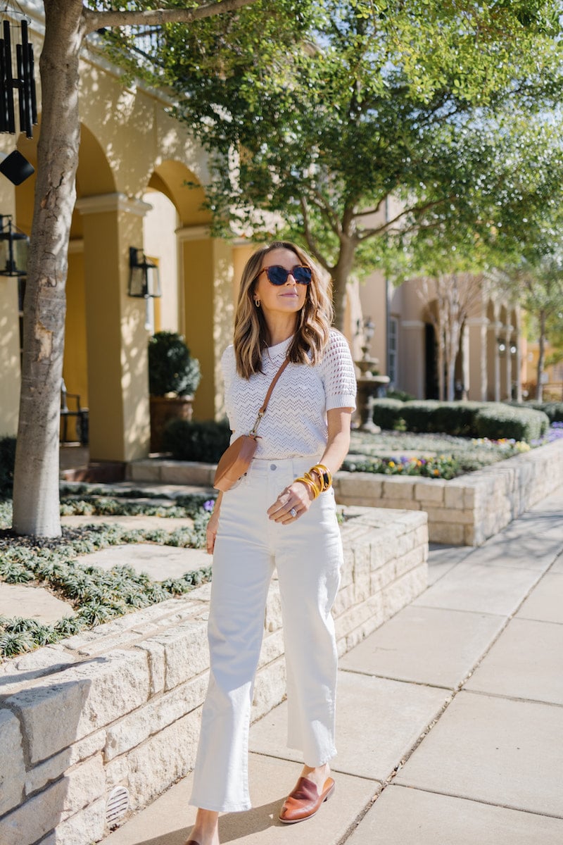 crocheted top with wide leg jeans
