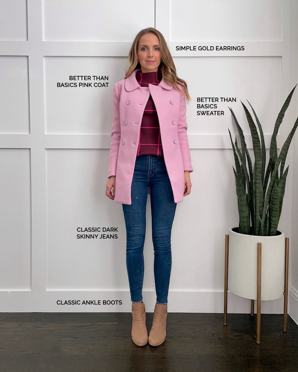 pink windowpane sweater and pink coat