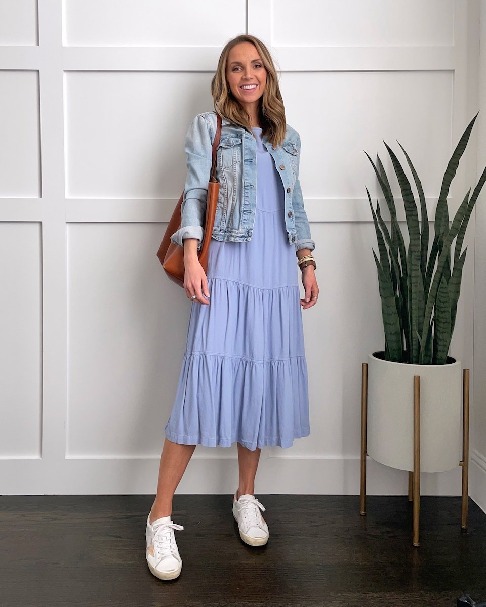 midi dress with denim jacket with sneakers