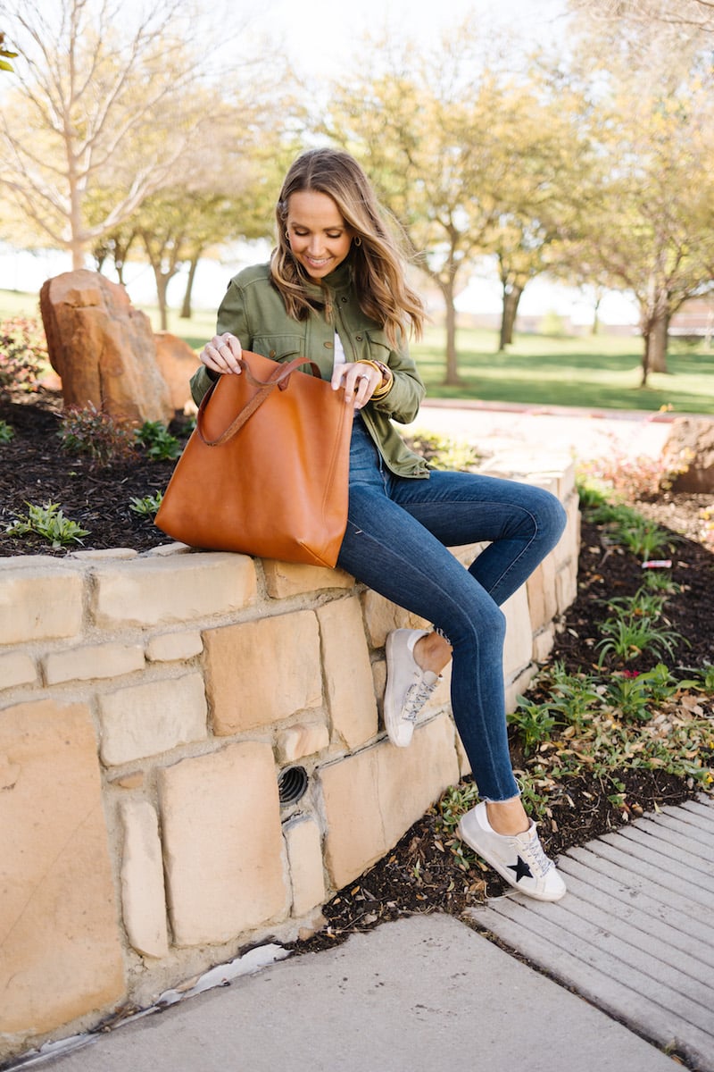 OLIVE GREEN JACKET WITH GOLDEN GOOSE SNEAKERS