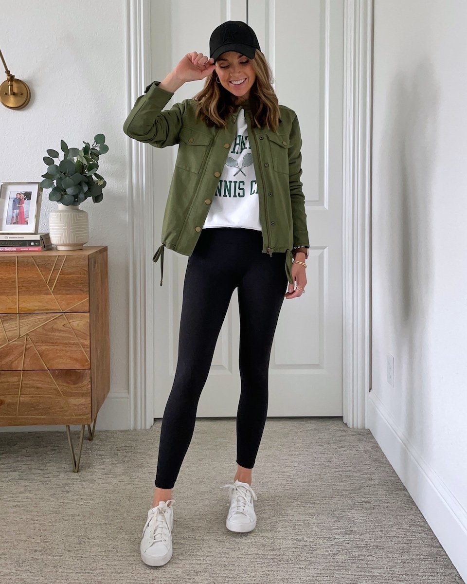 LEGGINGS AND OLIVE GREEN JACKET