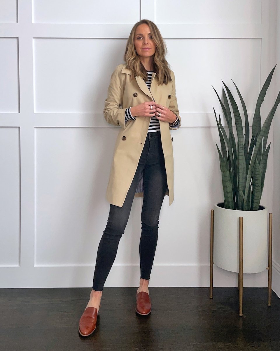 trench coat with gray jeans
