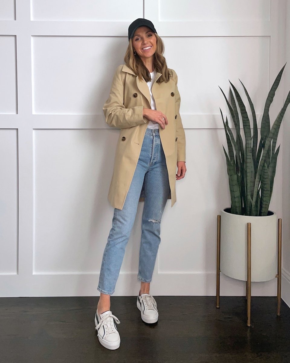 trench coat with light wash jeans