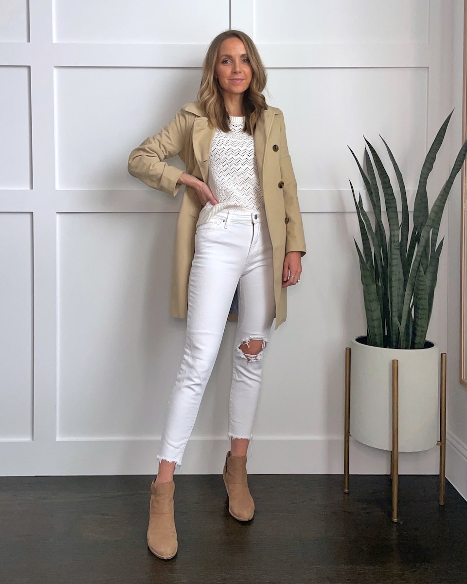 trench coat outfits with white jeans and madewell crocheted sweater