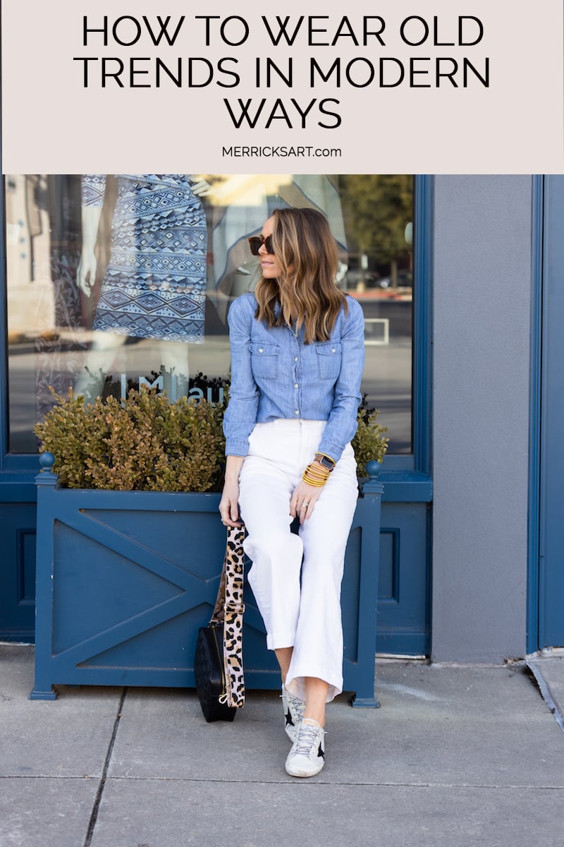 white pants, chambray shirt