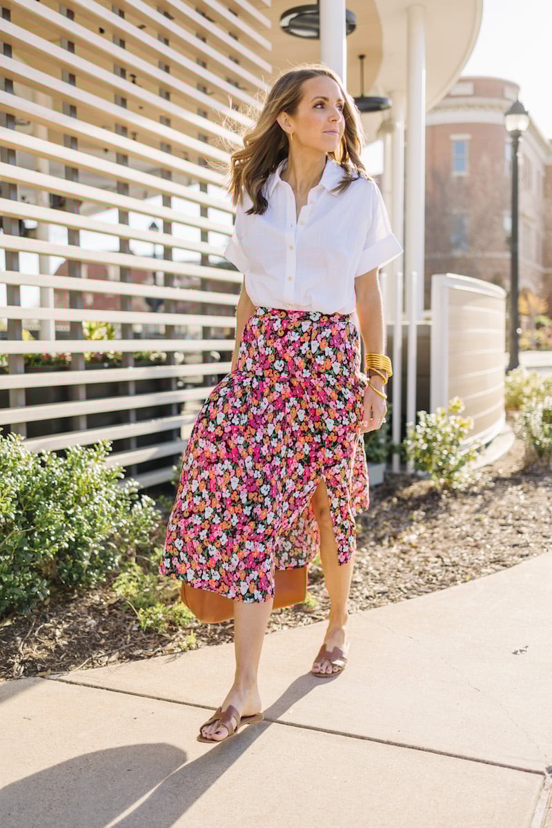 floral skirt with white blouse