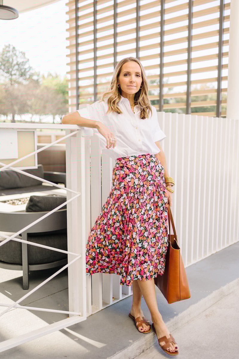 floral skirt with white blouse