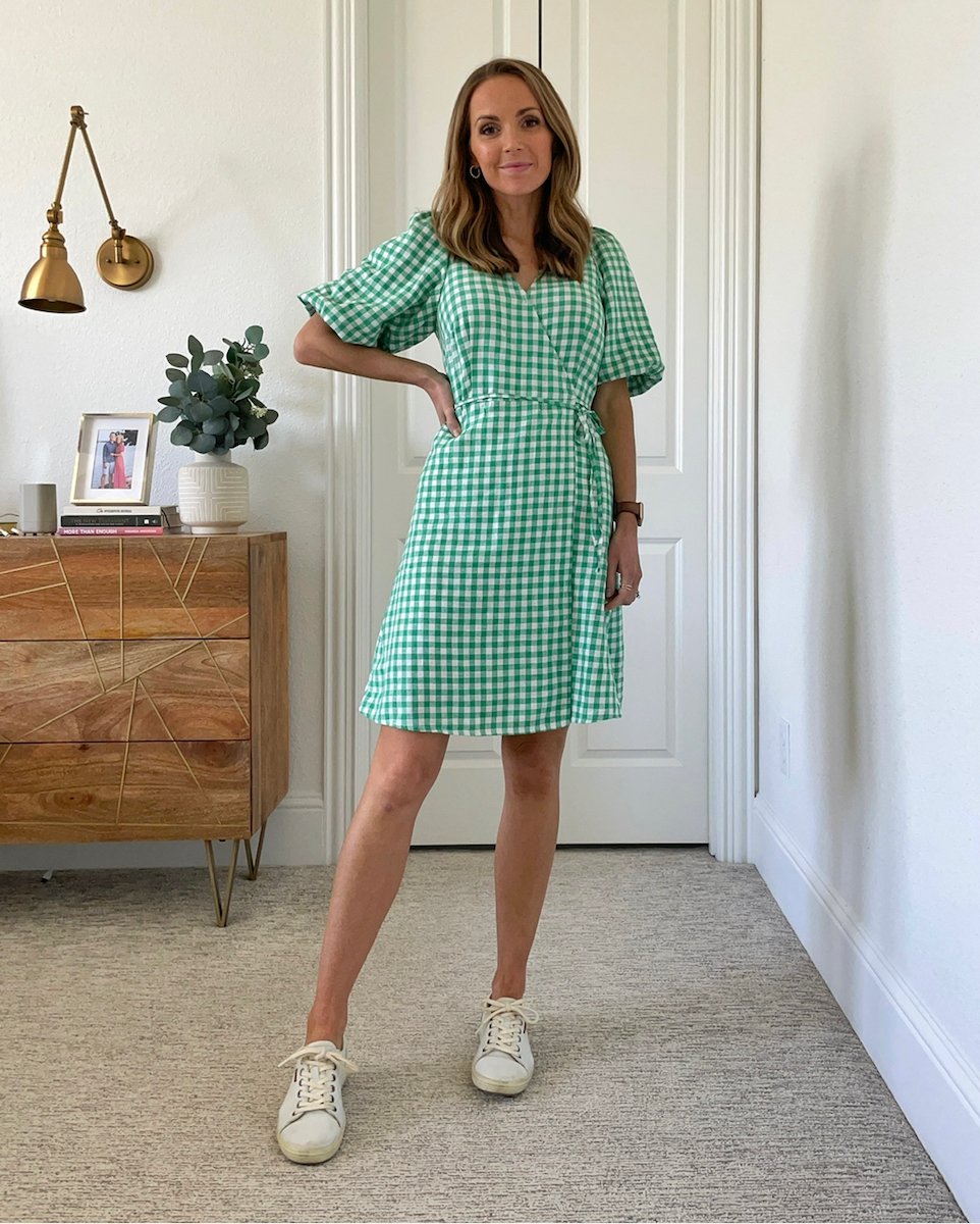 gingham dress with white sneakers