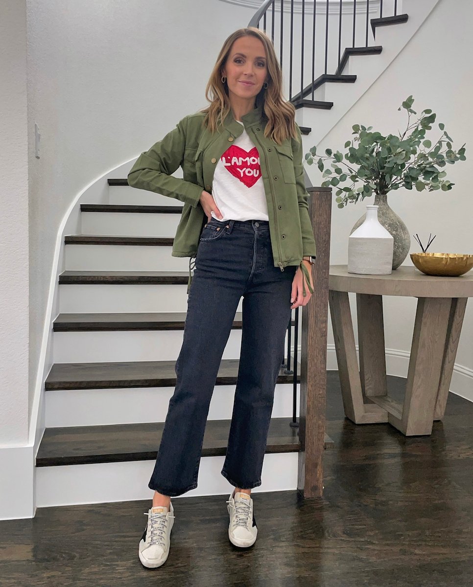 wide leg jeans with green jacket
