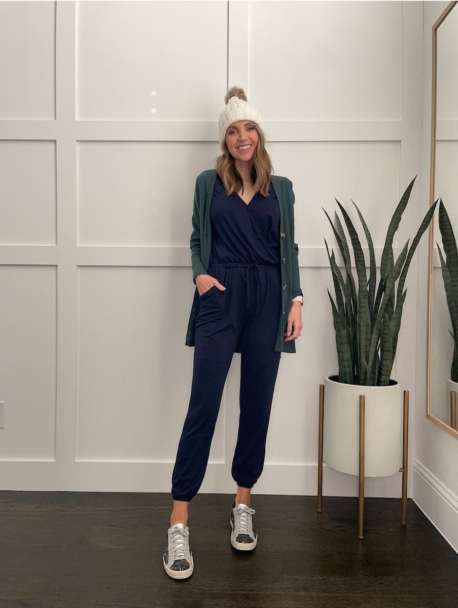 jumpsuit with cardigan and sneakers