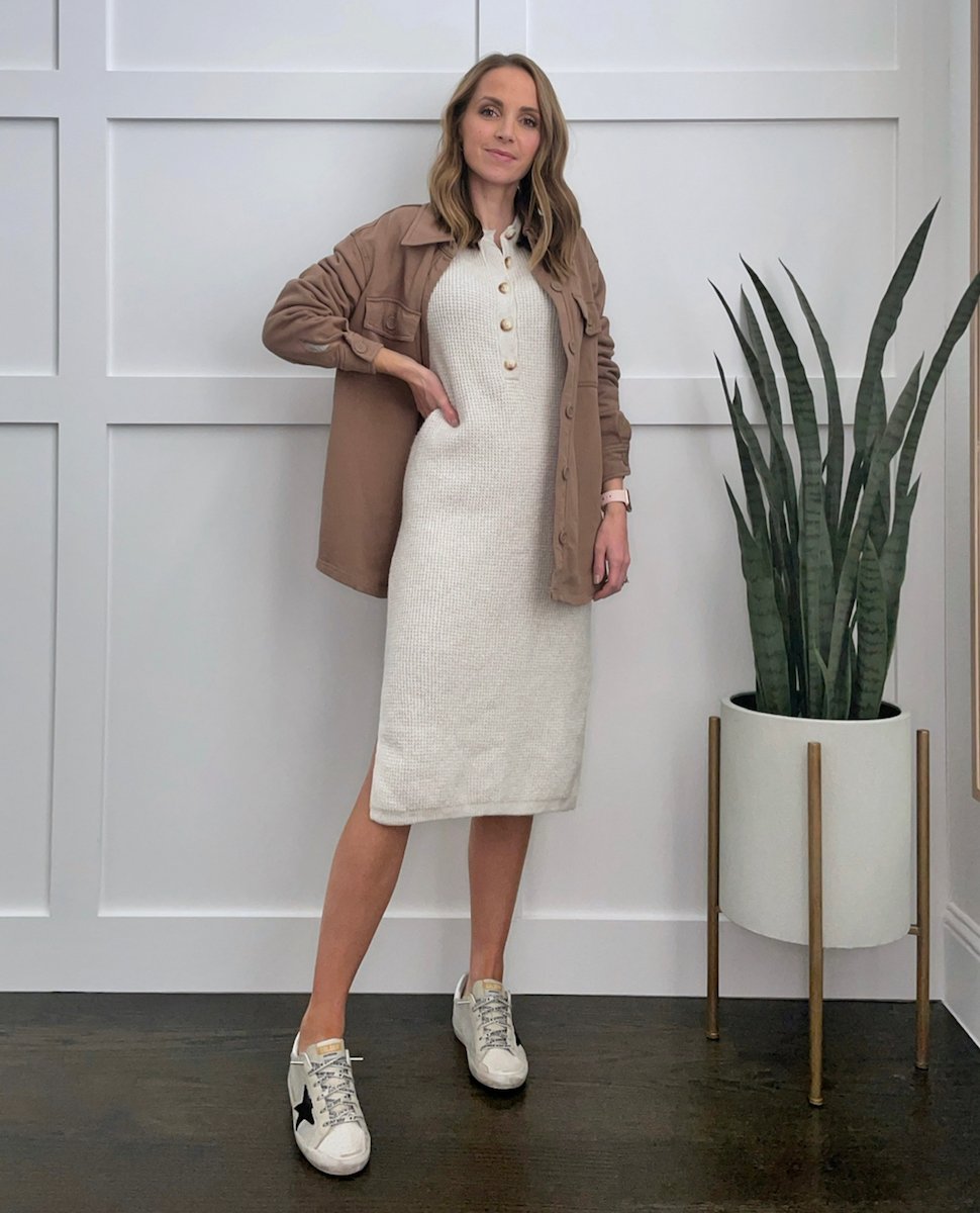 dress with sneakers and shacket