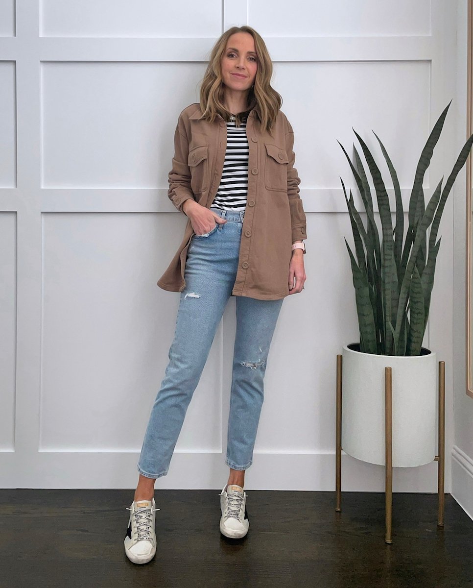 shacket with striped tee and light wash jeans