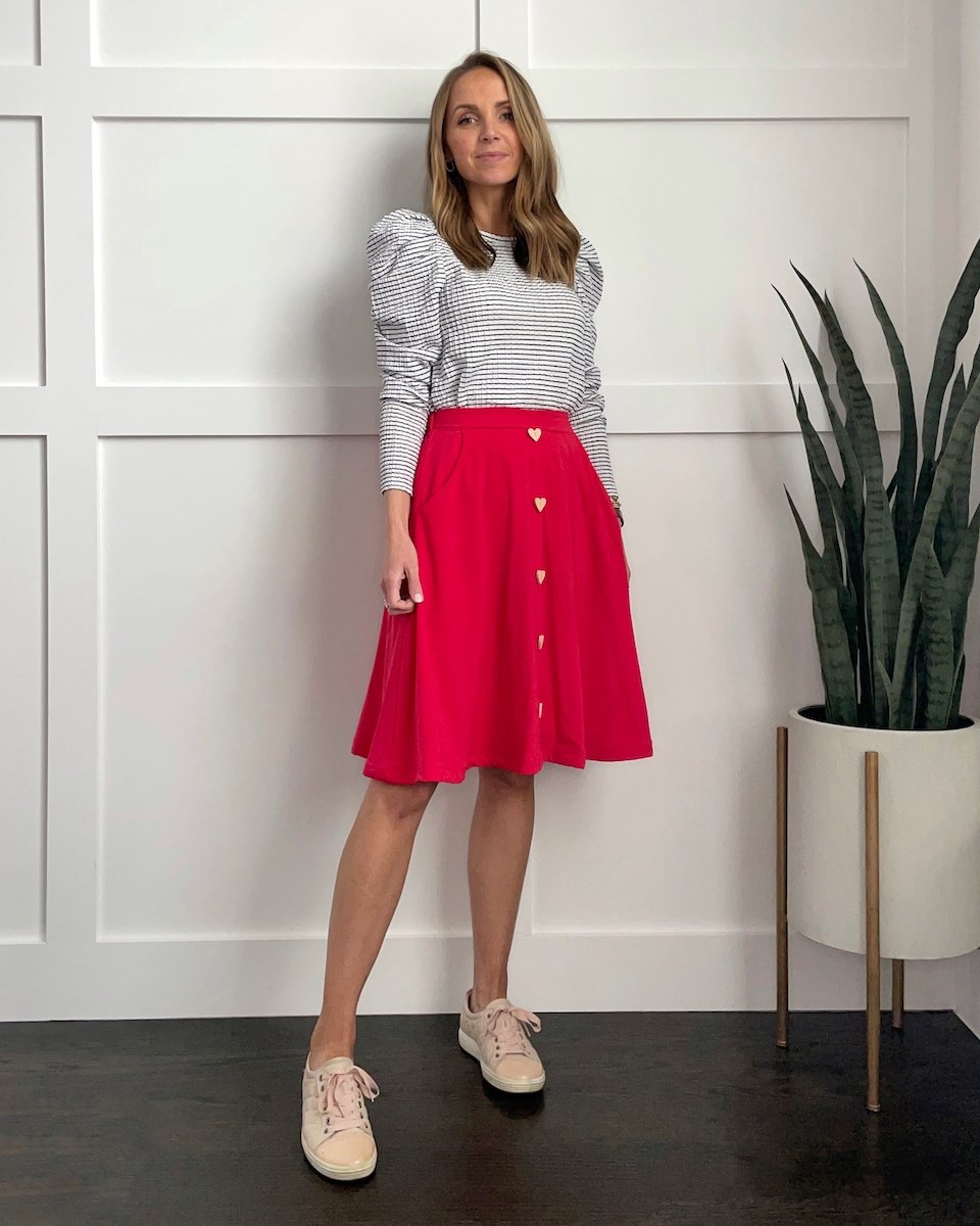 circle skirt with pink sneakers