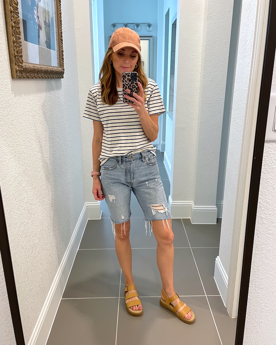 denim shorts with striped tee