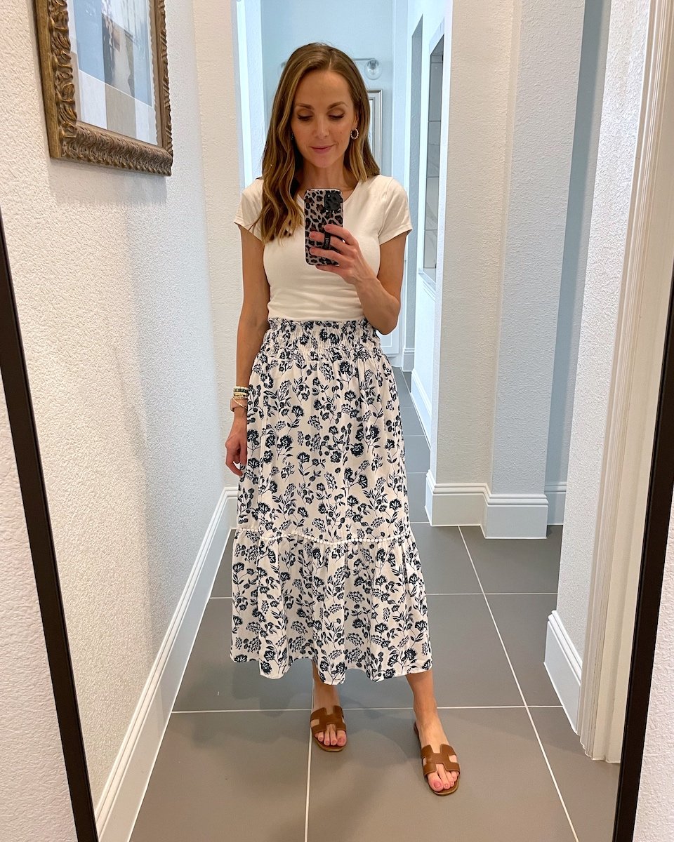 floral skirt with brown sandals