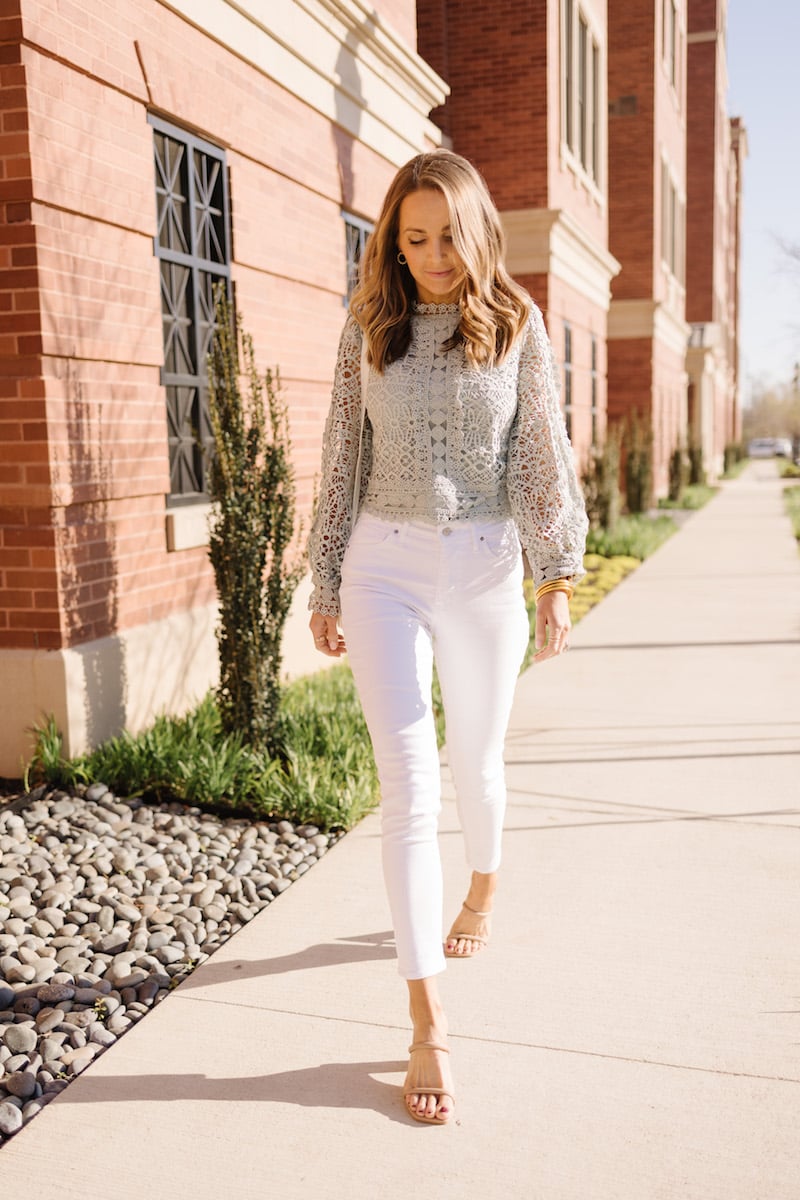 lace top with white jeans and strappy sandals