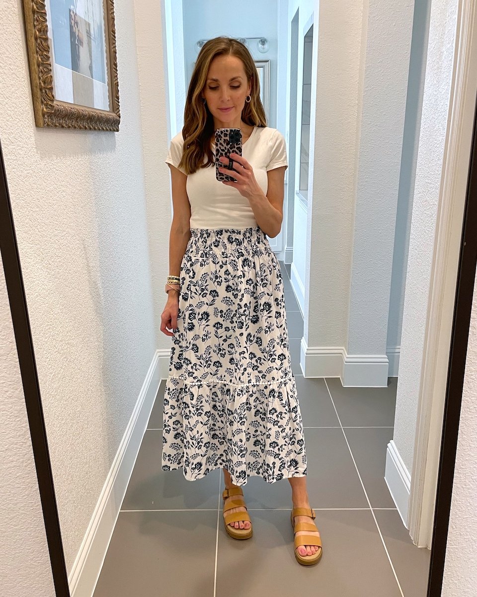 platform sandals with midi skirt