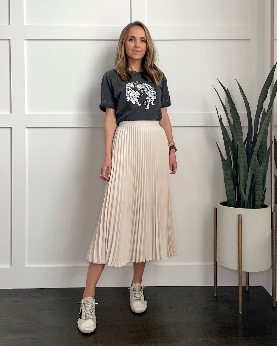 pleated skirt with graphic tee