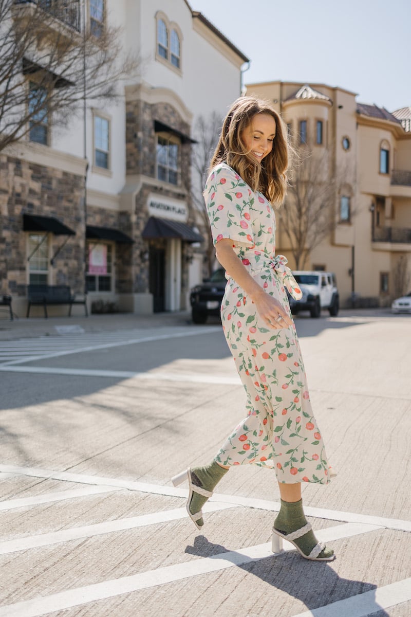 floral dress with socks and heels