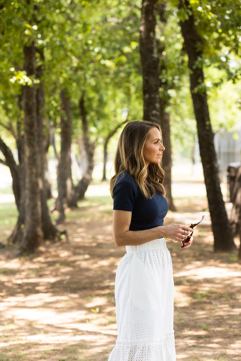 ribbed navy top with eyelet skirt