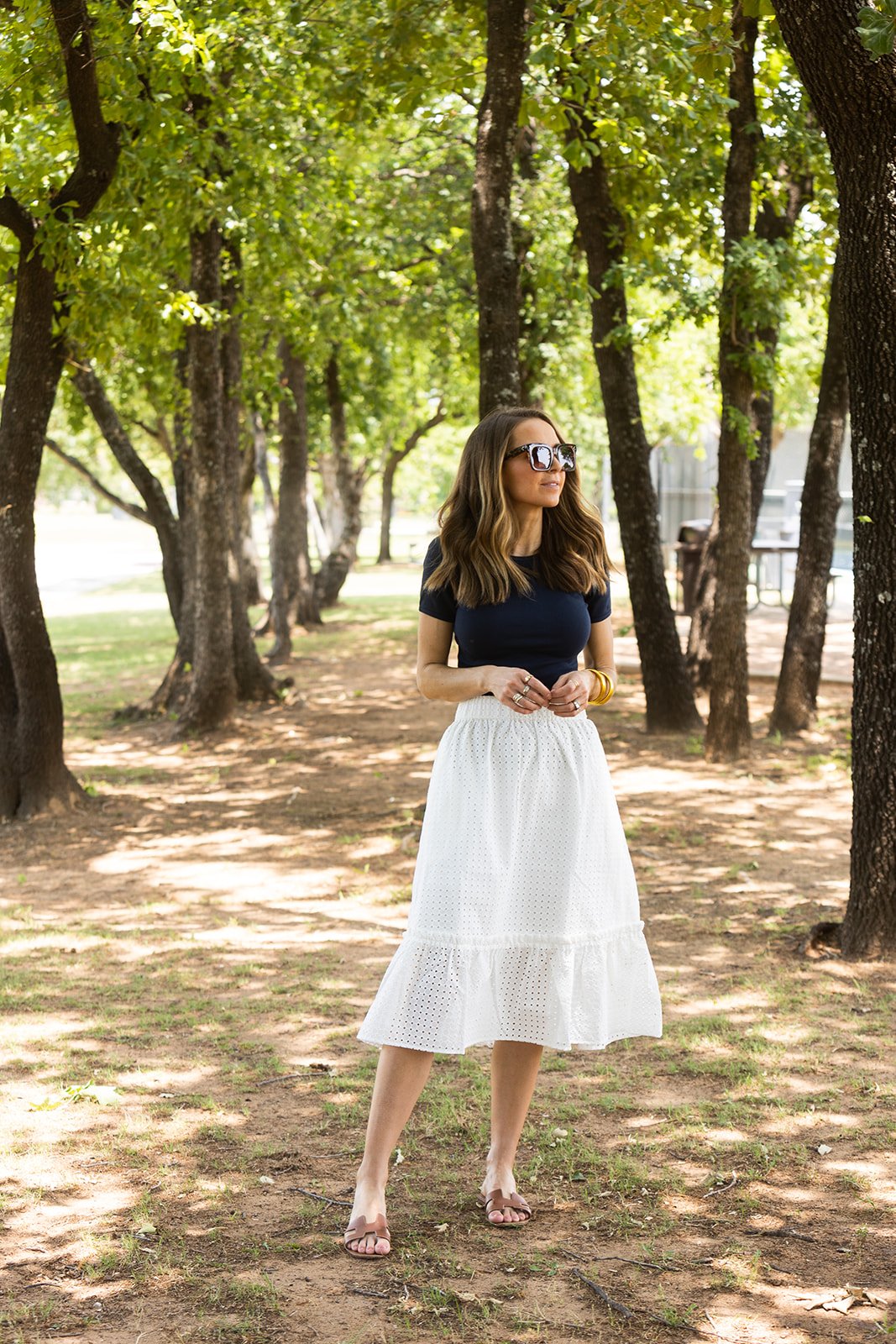 eyelet skirt with navy top