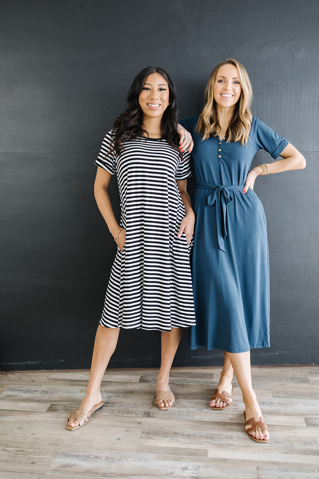 merrick white collection striped dress and slate blue dress