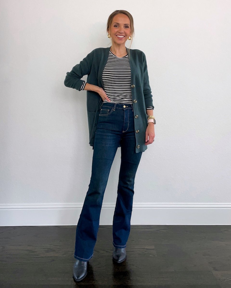 flared jeans with cardigan