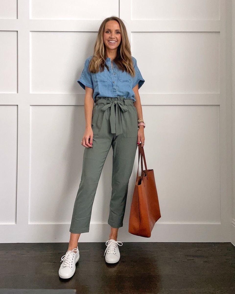 PAPER BAG PANTS WITH DENIM SHIRT