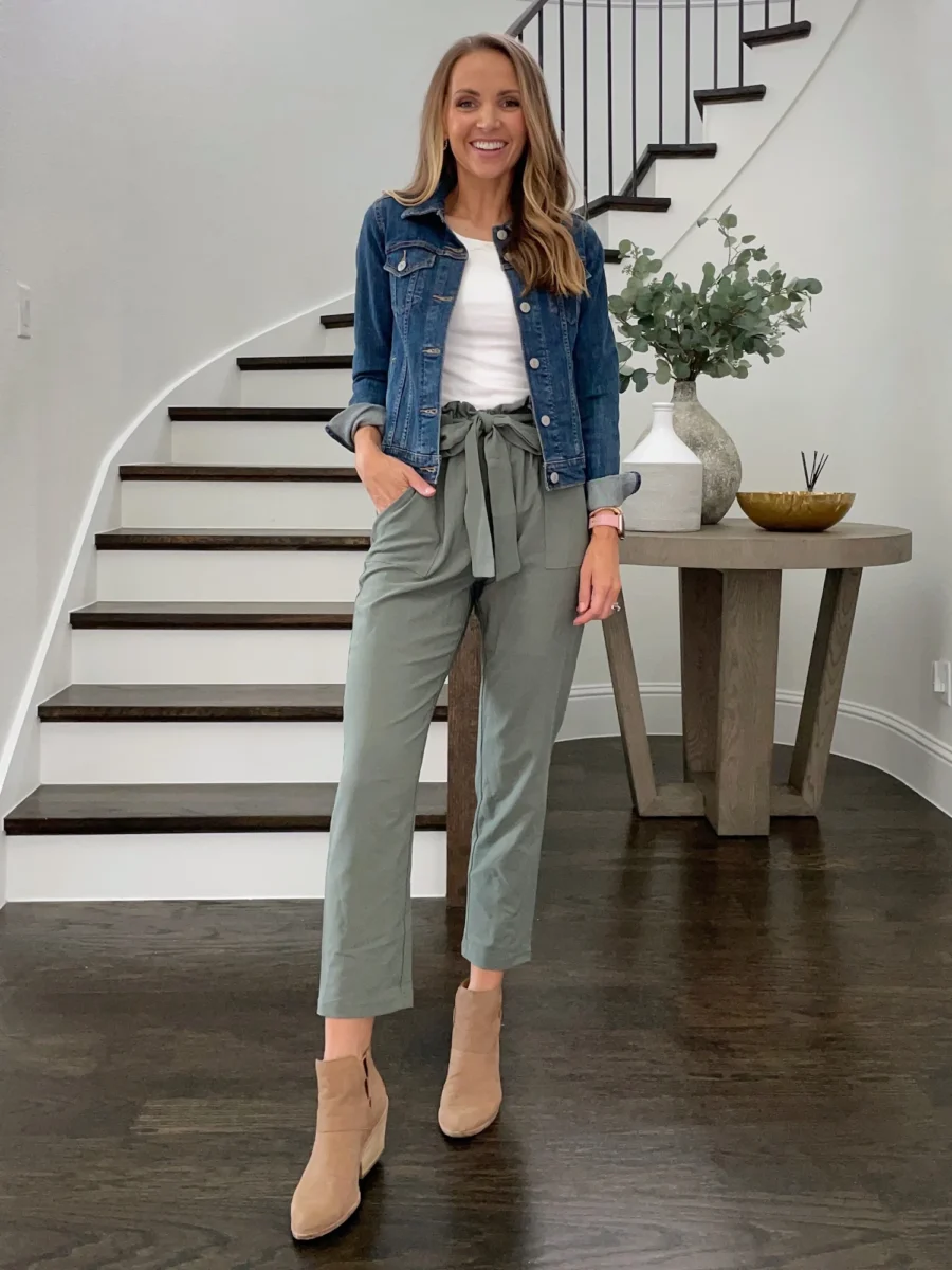 ankle boots with paper bag pants and denim jacket