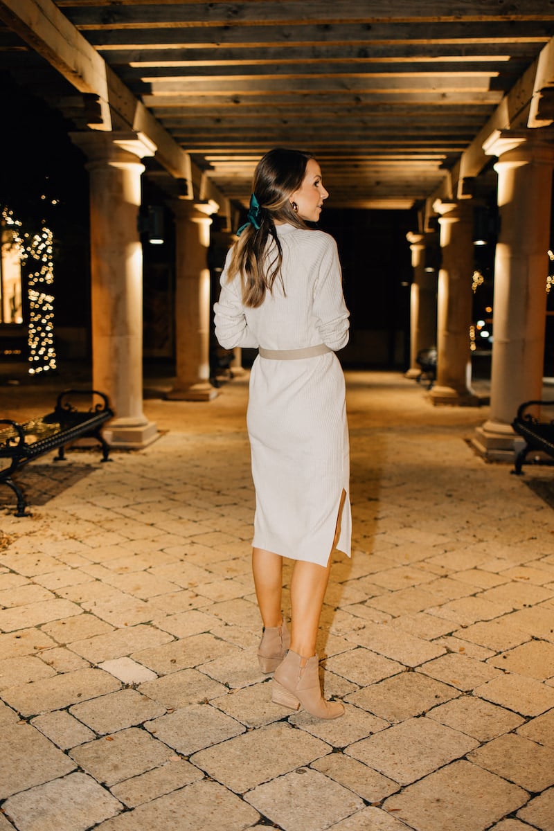 green bow with cream sweater dress