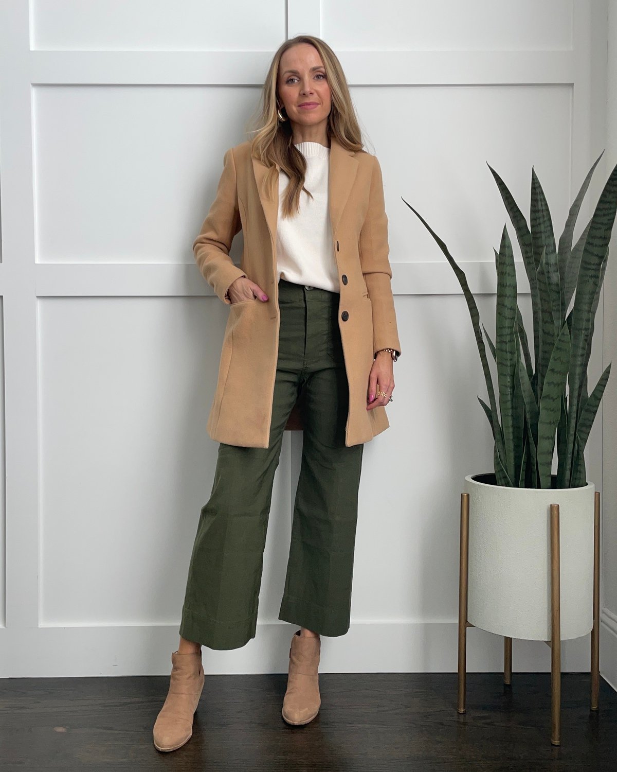 wide leg pants tan coat