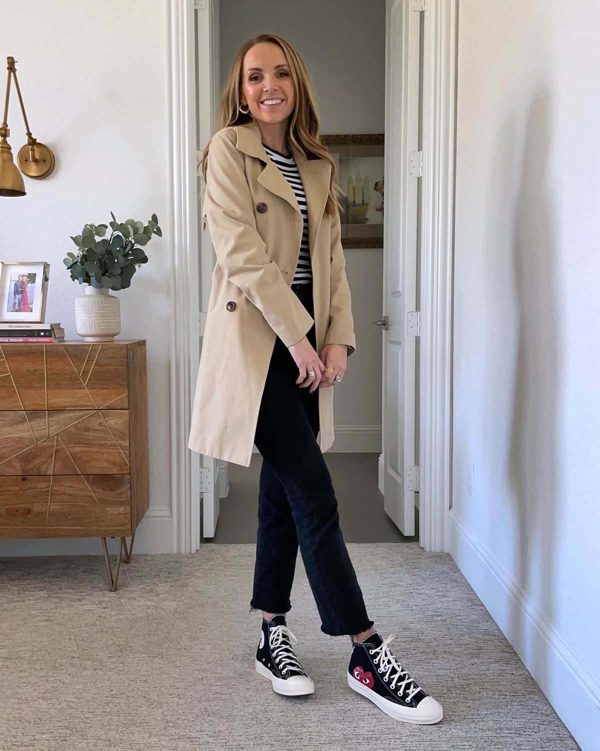 trench coat high top sneakers