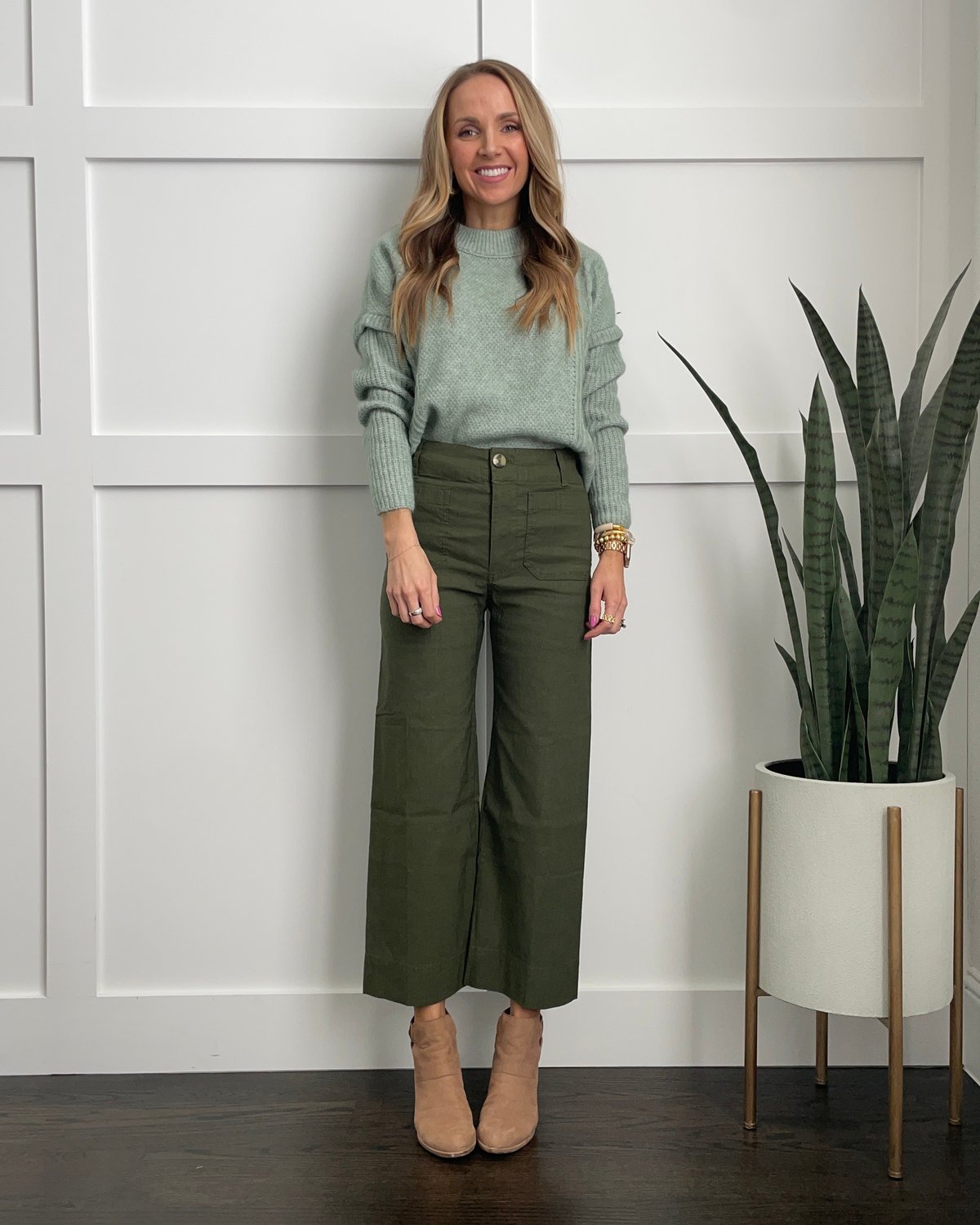 wide leg olive pants mint top