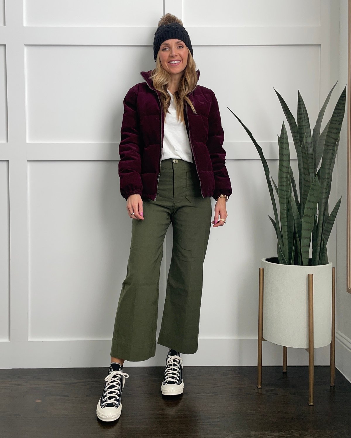 wide leg pants high top sneakers