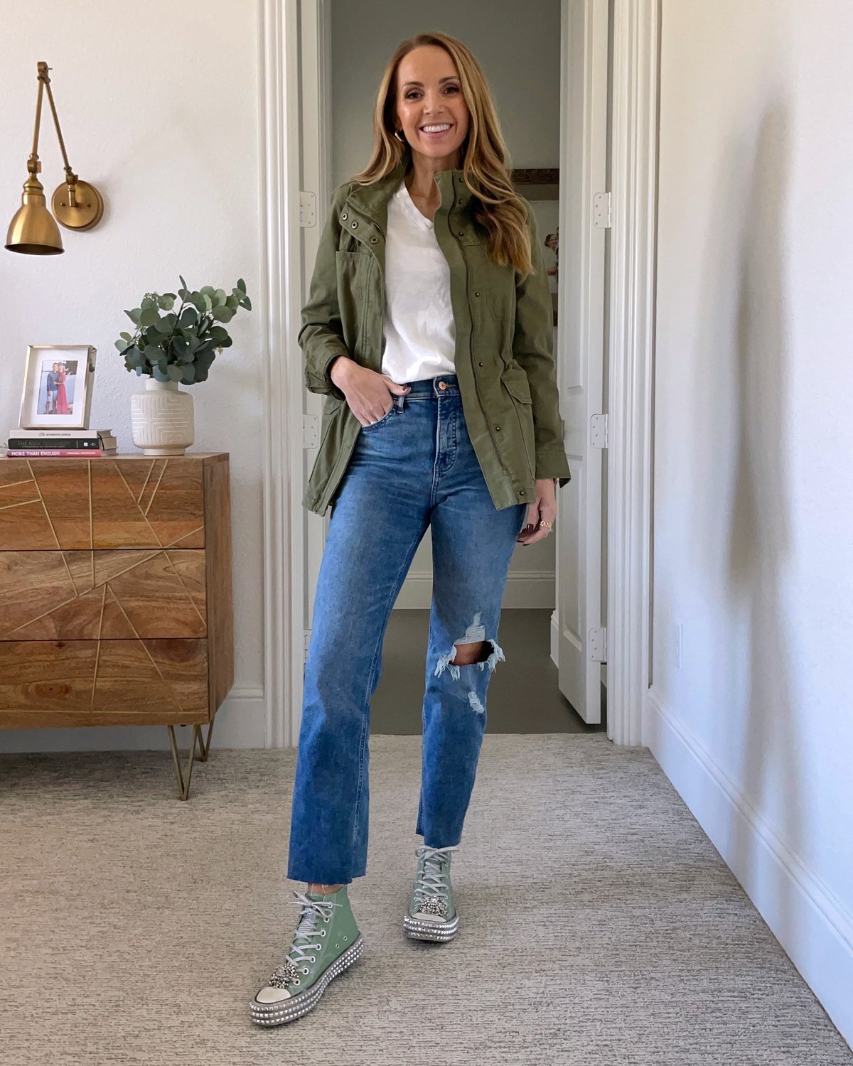 utility jacket sparkly high top sneakers