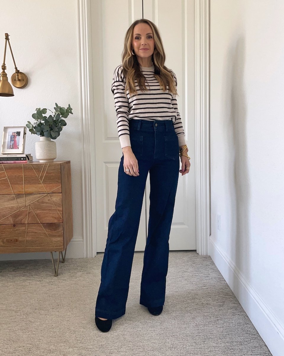 wide leg jeans with striped sweater