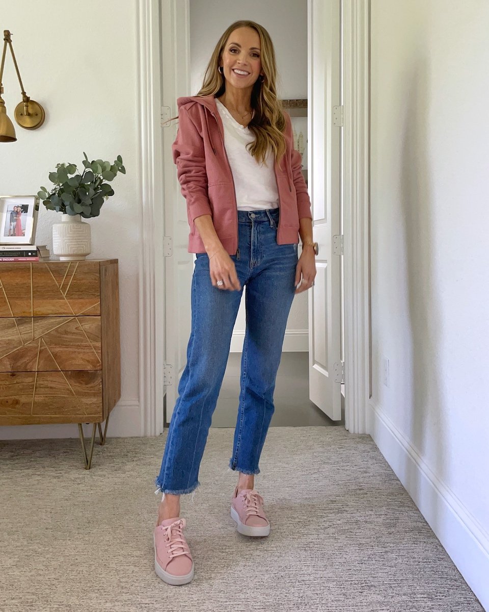 american giant sweatshirt and able jeans with kizik sneakers