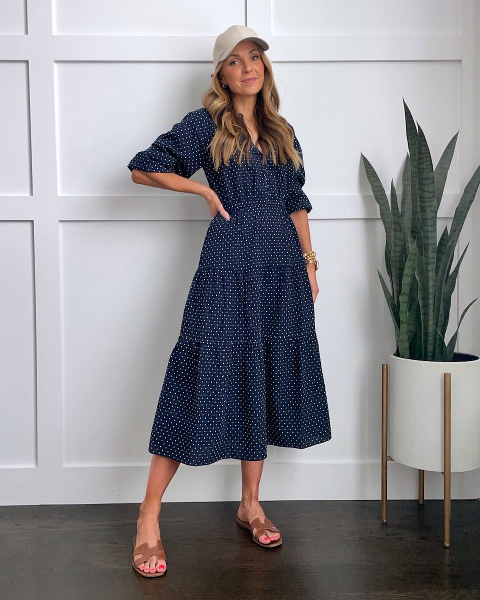 polka dot dress with baseball hat