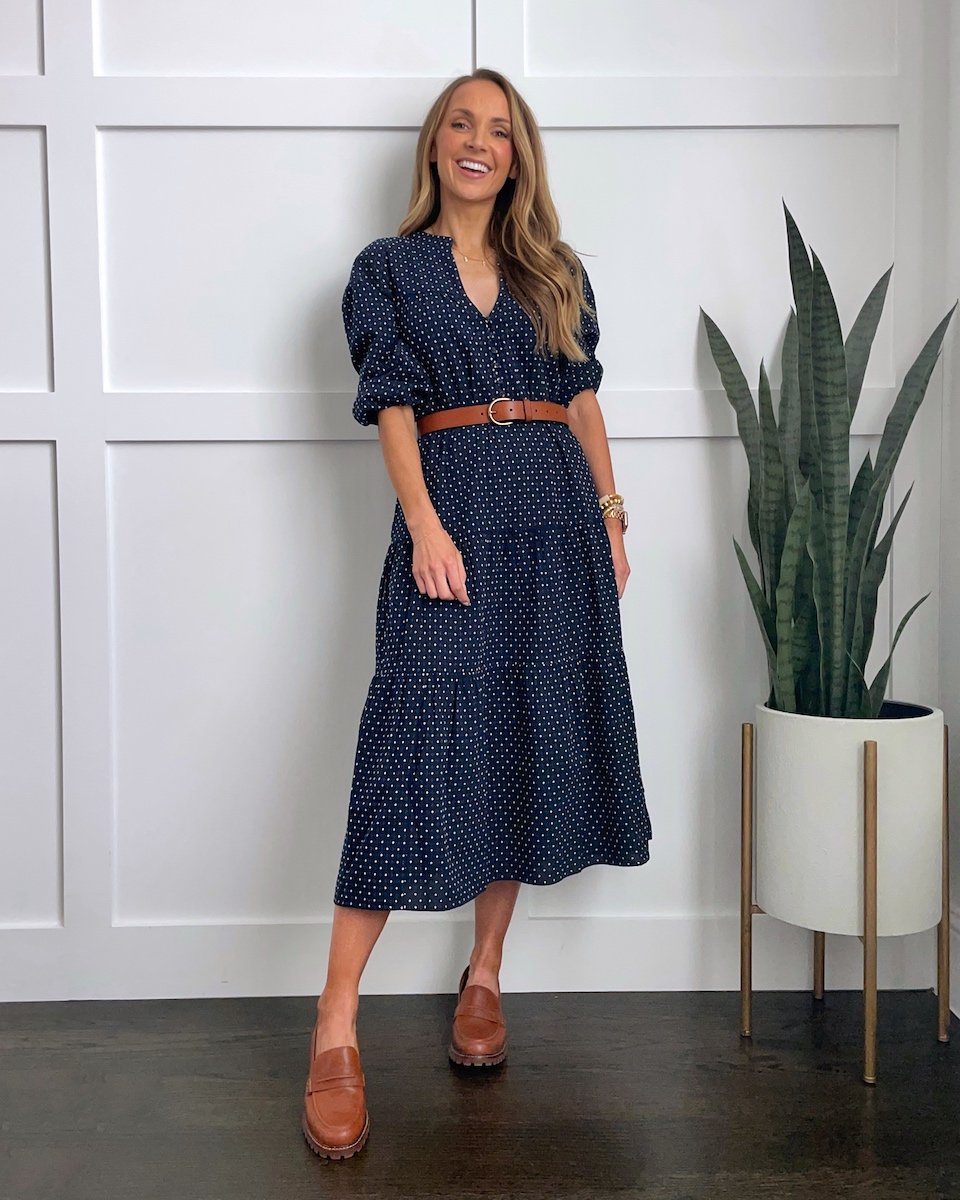 polka dot dress with brown belt
